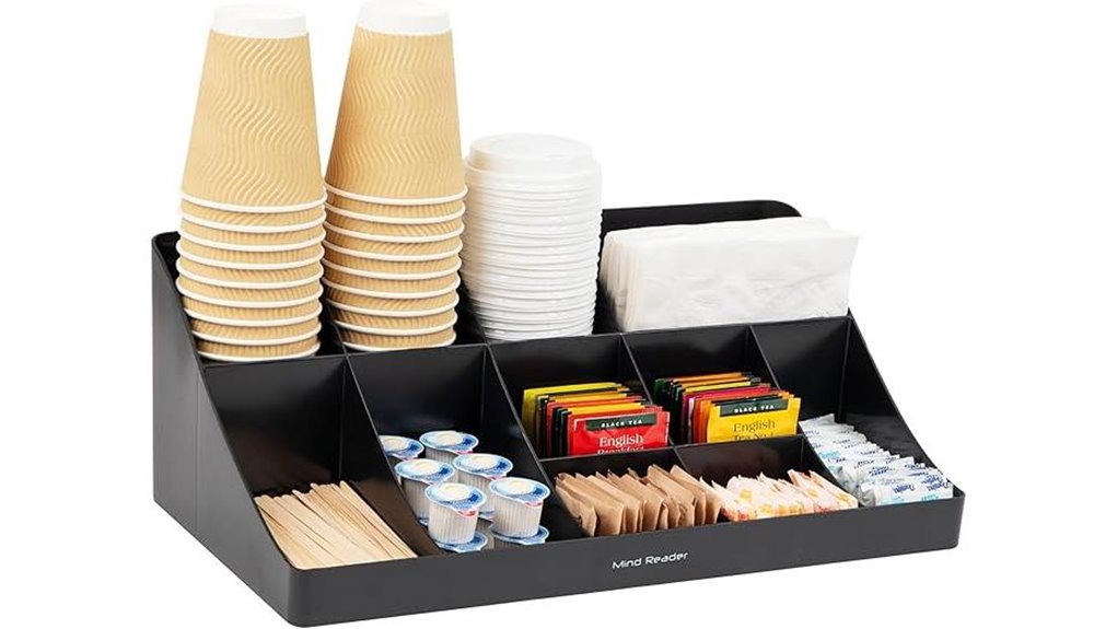 black cup and condiment station