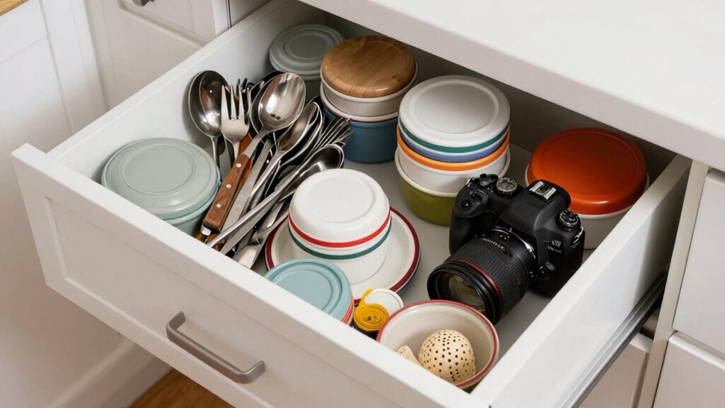 cluttered deep drawer chaos