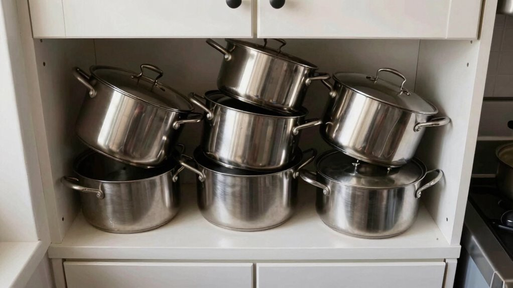 cluttered kitchen cookware chaos