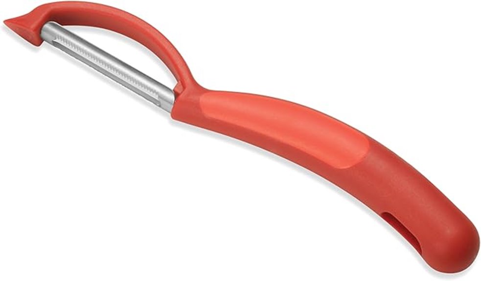 red serrated swivel peeler